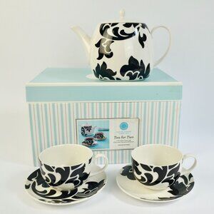 Martha Stewart Tea for Two Lisbon Black White Teapot Saucers Teacups NEW